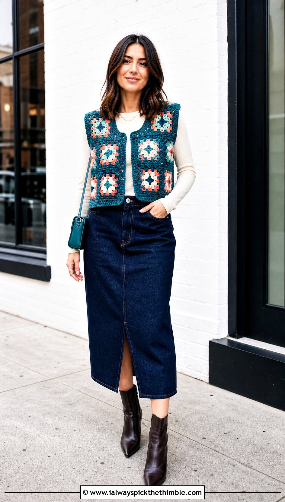 Granny Square Chunky Crochet Vest With Denim Midi Skirt - 20 Chunky Crochet Vest outfit ideas