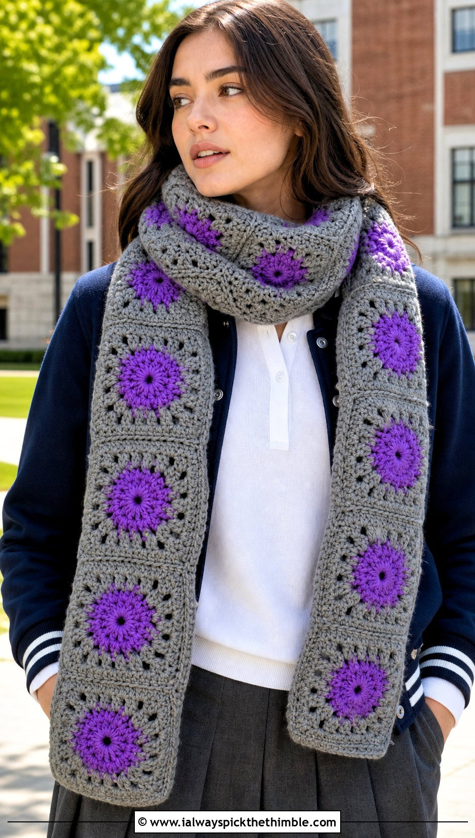 Granny Square Chunky Gray Crochet Scarf With Varsity Jacket And Midi Skirt - 15 Chunky Gray Crochet Scarf outfit ideas
