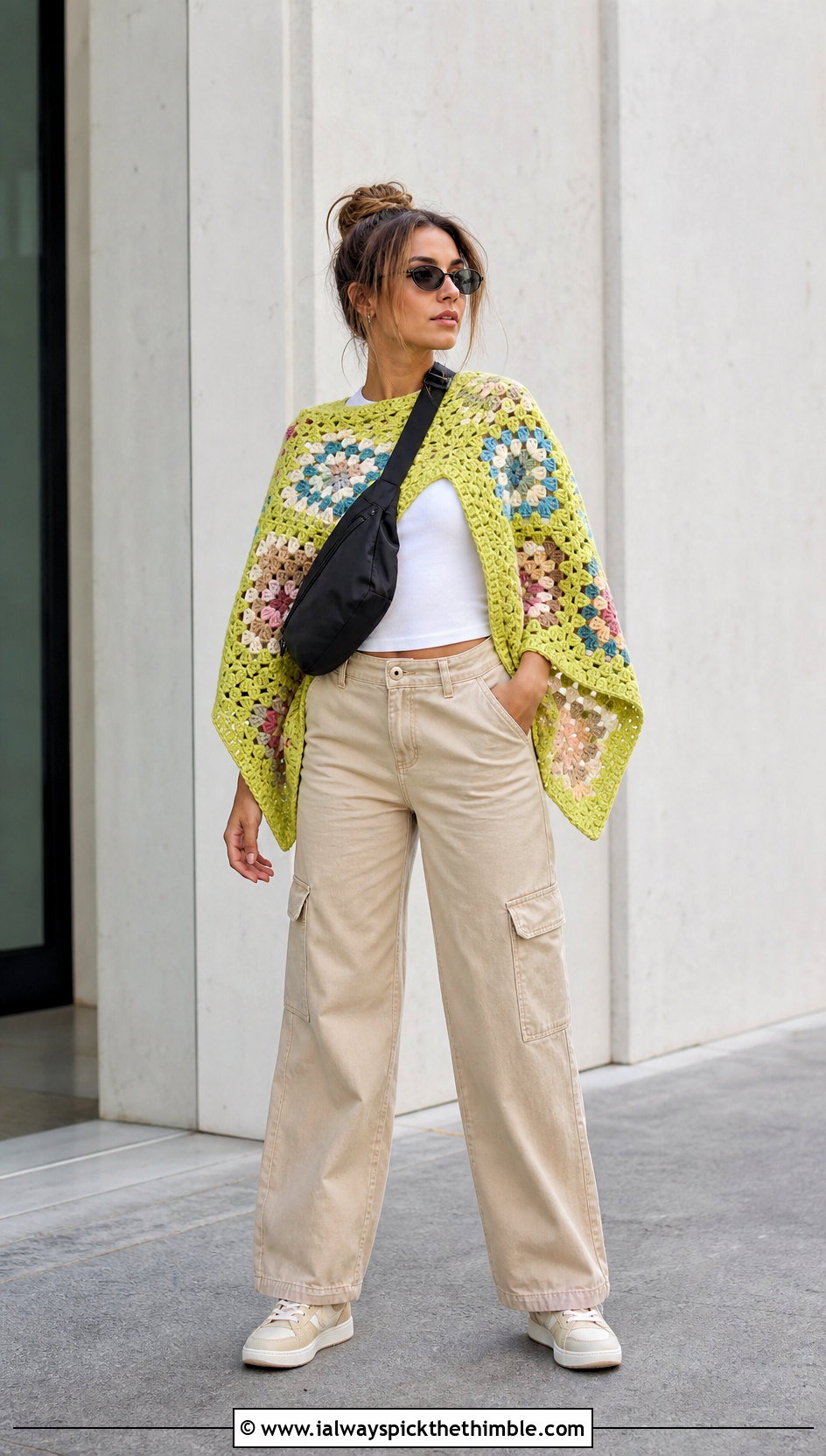 Granny Square Chunky Yarn Crochet Poncho With Cargo Pants - 20 Chunky Yarn Crochet Poncho outfit ideas