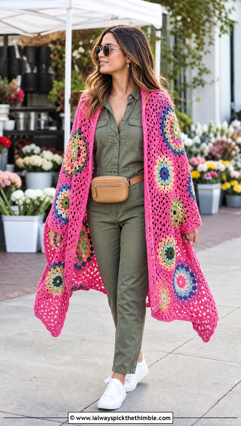 Granny Square Circular Shawl With a Utility Jumpsuit - 20 crochet circular shawl outfit ideas