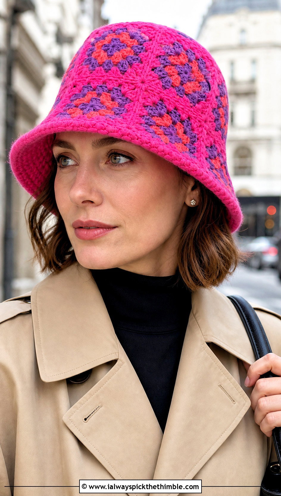 Granny Square Cloche Hat With Trench Coat - 25 granny square hat outfit ideas