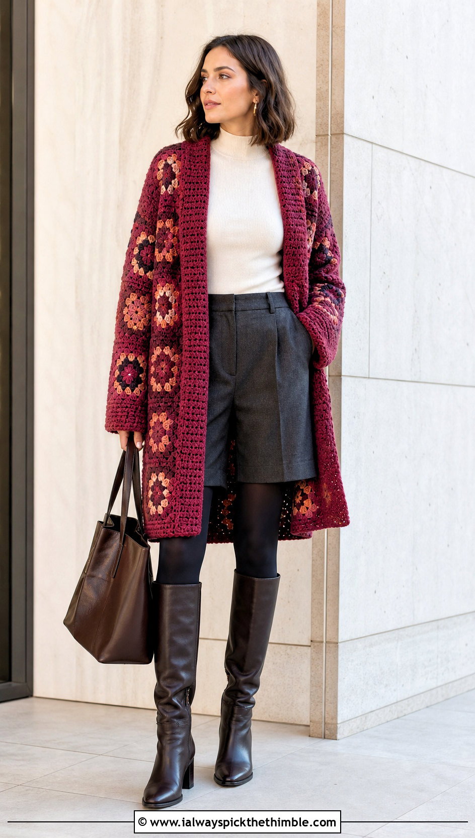 Granny Square Coat Cardigan With Bermuda Shorts - 20 Crochet Fall Granny Square Cardigan outfit ideas