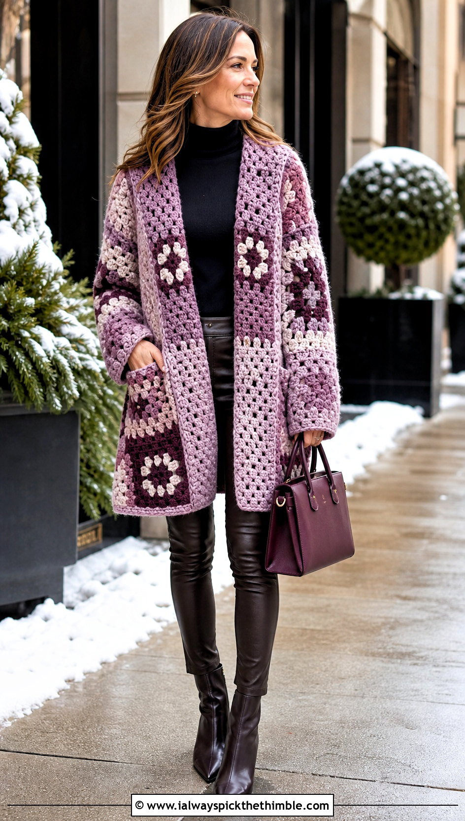 Granny Square Coat Cardigan With Leather Pants - 20 For Granny Square Cardigan outfit ideas