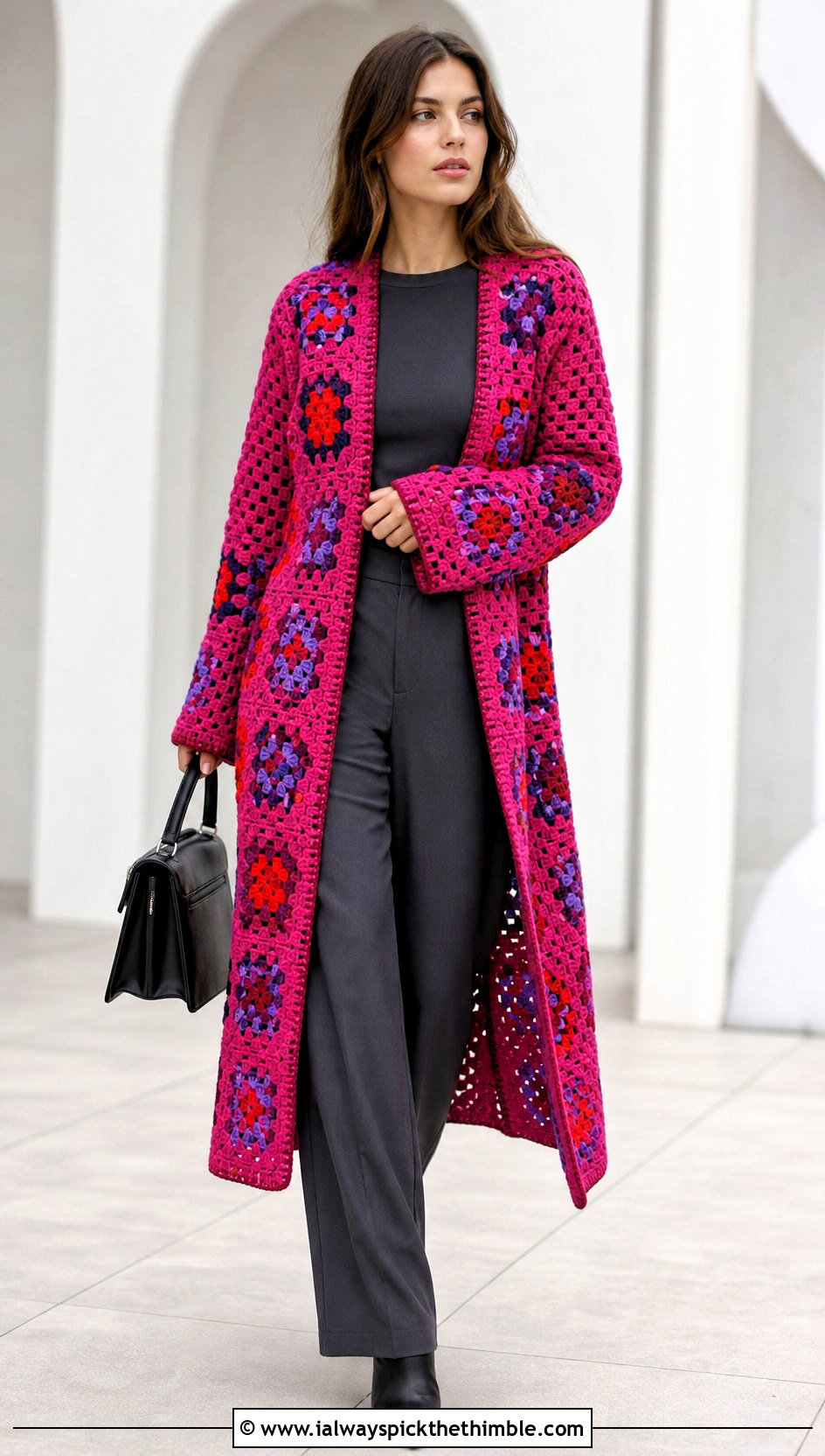 Granny Square Coat Cardigan With Monochrome Basics - 20 granny squares cardigan outfit ideas