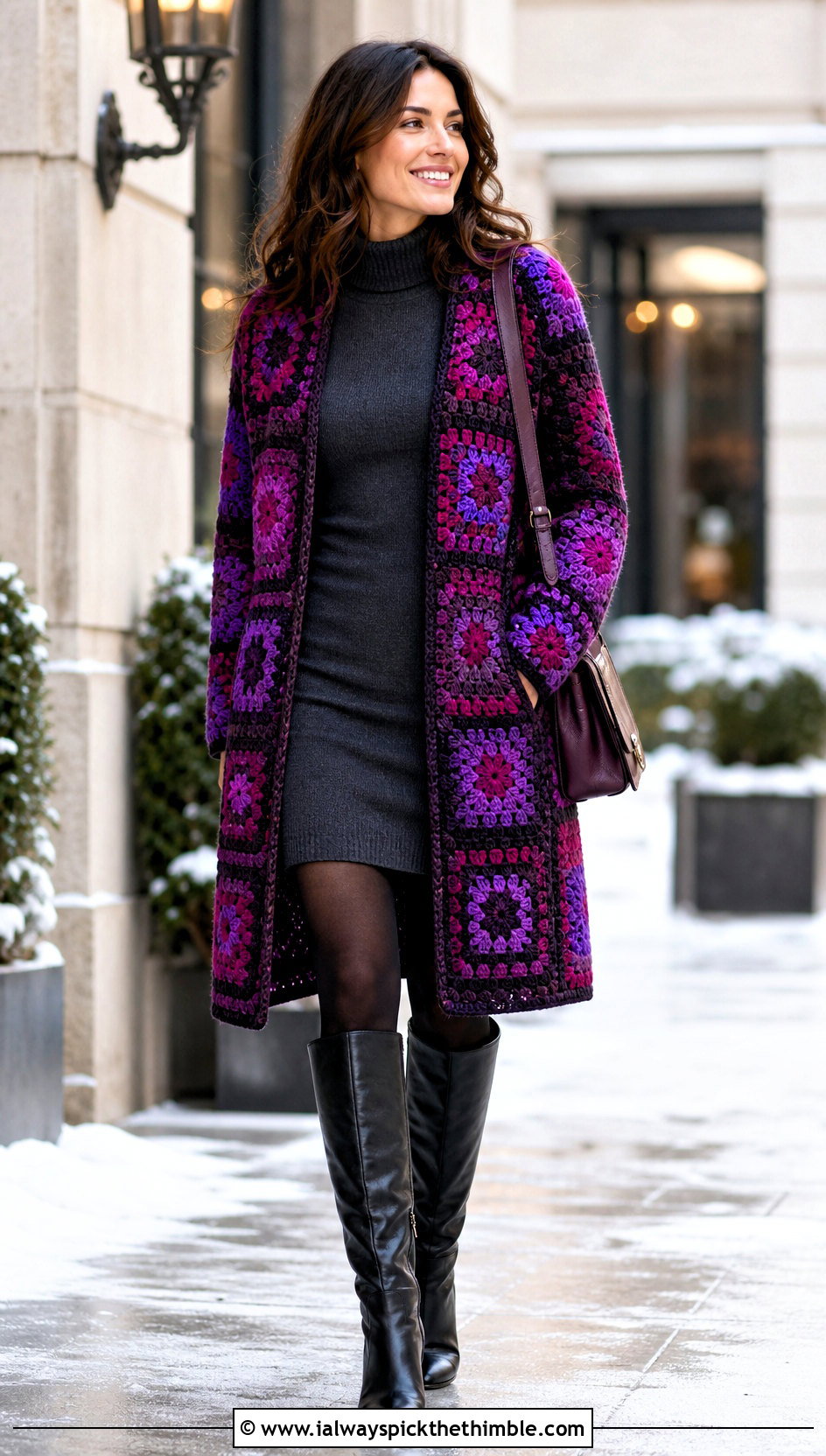 Granny Square Coat Cardigan With Sweater Dress - 25 Easy Simple Crochet Granny Square Cardigan outfit ideas