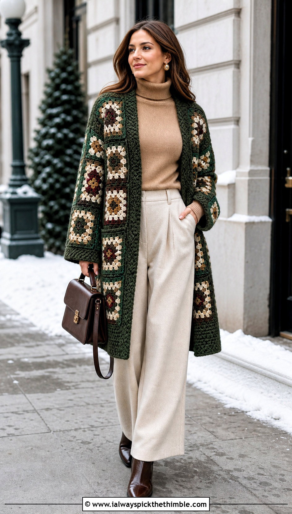 Granny Square Coat Cardigan With Wool Trousers - 15 Everyday Granny Square Cardigan outfit ideas
