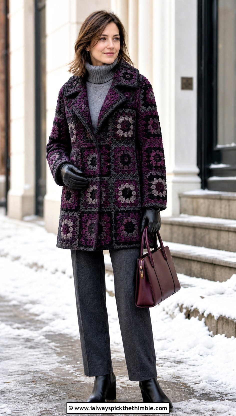 Granny Square Coat Jacket With Wool Trousers - 20 crochet granny square jacket outfit ideas