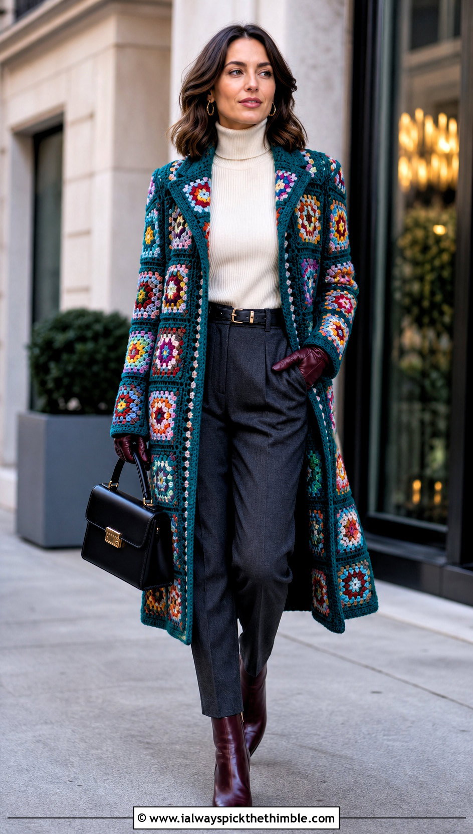 Granny Square Coat With Turtleneck And Tailored Pants - 20 crochet granny square clothing and outfit ideas