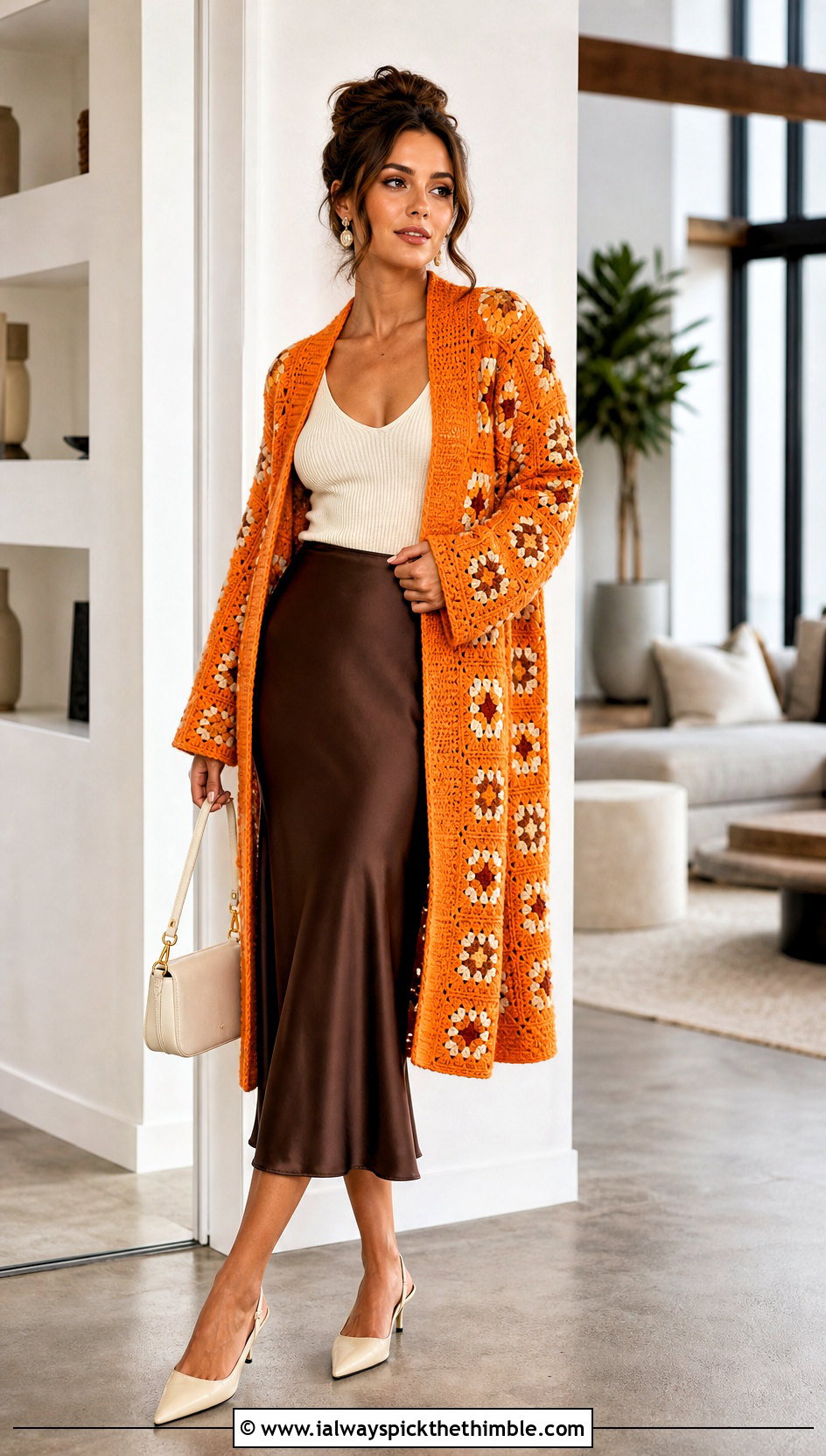Granny Square Coatigan With Satin Midi Skirt - 20 crochet granny square coat outfit ideas