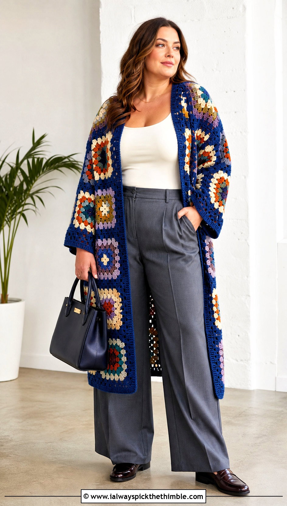 Granny Square Coatigan With Wide Leg Trousers - 20 long crochet sweater outfit ideas
