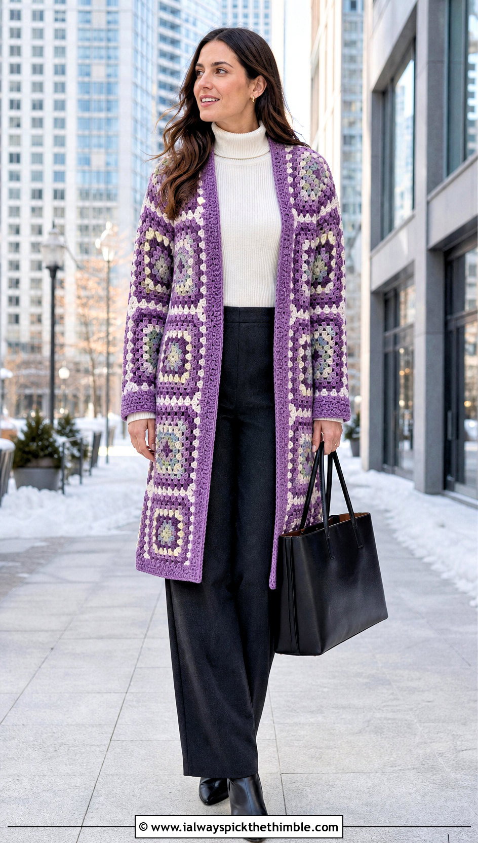 Granny Square Coatigan With Wool Trousers - 20 crochet sweater with granny squares outfit ideas