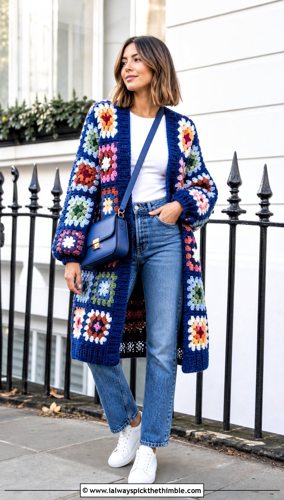 Granny Square Cocoon Blanket Crochet Cardigan With Straight Jeans - 20 blanket crochet cardigan outfit ideas