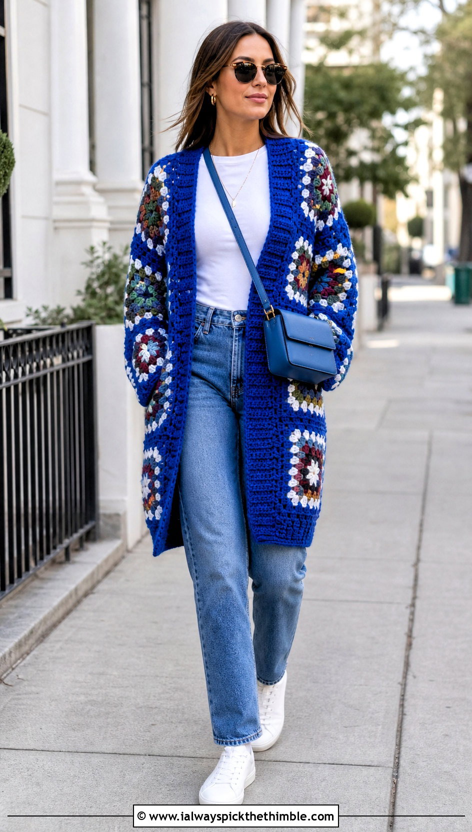 Granny Square Cocoon Crochet Blanket Cardigan With Straight Jeans - 25 crochet blanket cardigan outfit ideas