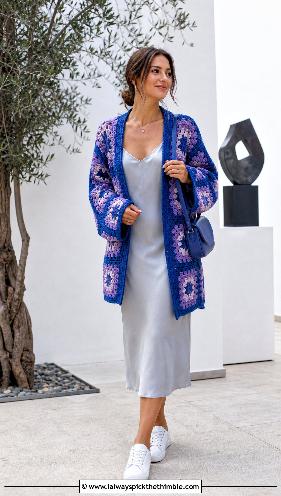 Granny Square Cocoon Crochet Cardigan With Slip Dress - 20 Cocoon Crochet Cardigan outfit ideas