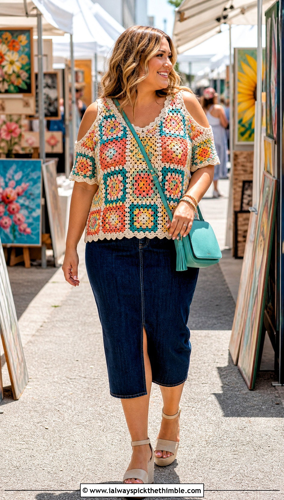 Granny Square Cold Shoulder Crochet Top With Denim Midi Skirt - 20 Cold Shoulder Crochet Top outfit ideas