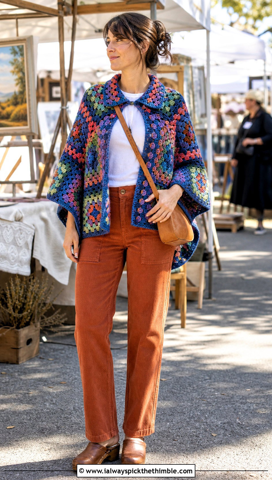 Granny Square Collared Crochet Poncho With Corduroy Pants - 20 Crochet Poncho With Collar outfit ideas