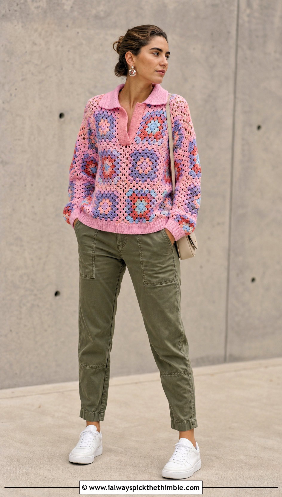 Granny Square Collared Sweater With Utility Pants - 20 Crochet Collared Sweater outfit ideas