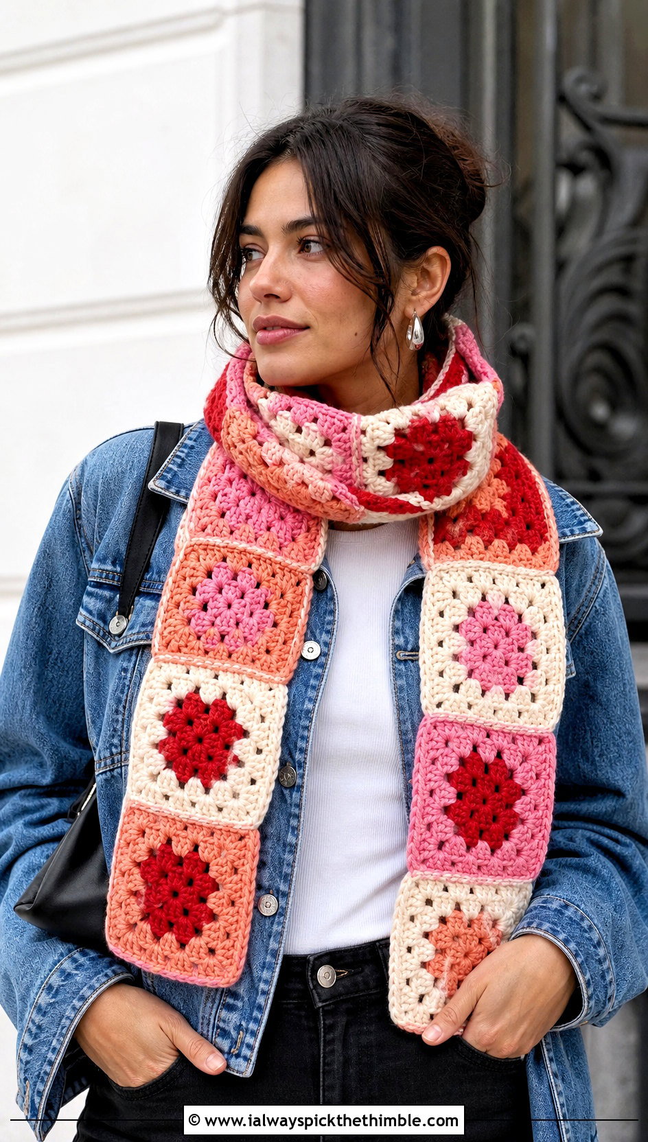 Granny Square Color Block Crochet Scarf With Denim Jacket - 20 Color Block Crochet Scarf outfit ideas
