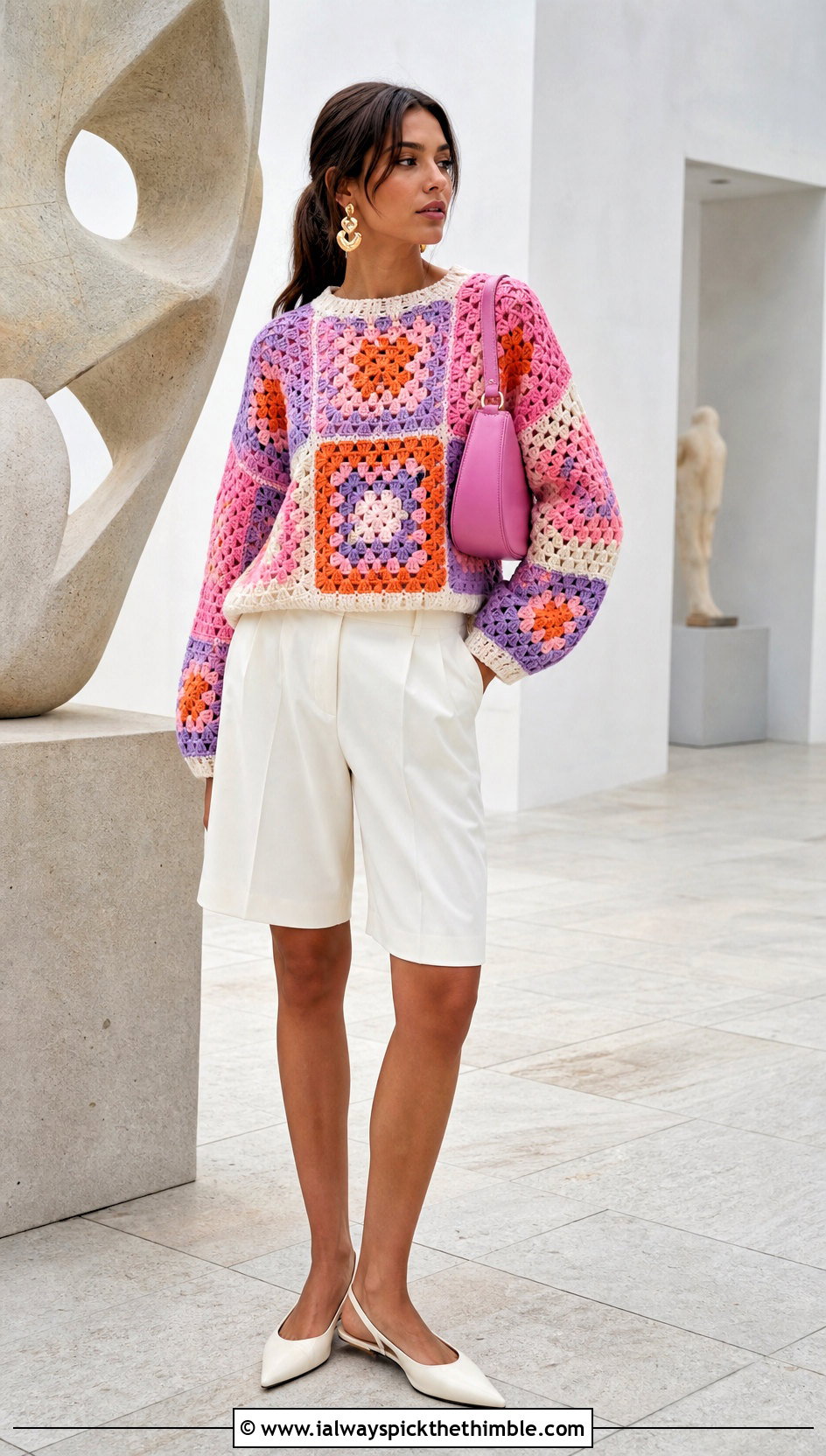 Granny Square Colourblock Crochet Sweater With Tailored Bermuda Shorts - 15 Colourblock Crochet Sweater outfit ideas