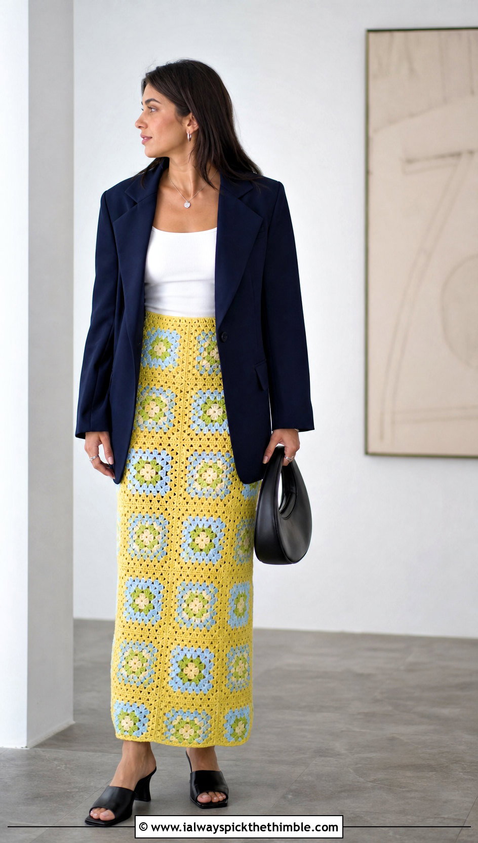Granny Square Column Skirt With Tank Top And Long Blazer - 25 crochet granny skirt outfit ideas