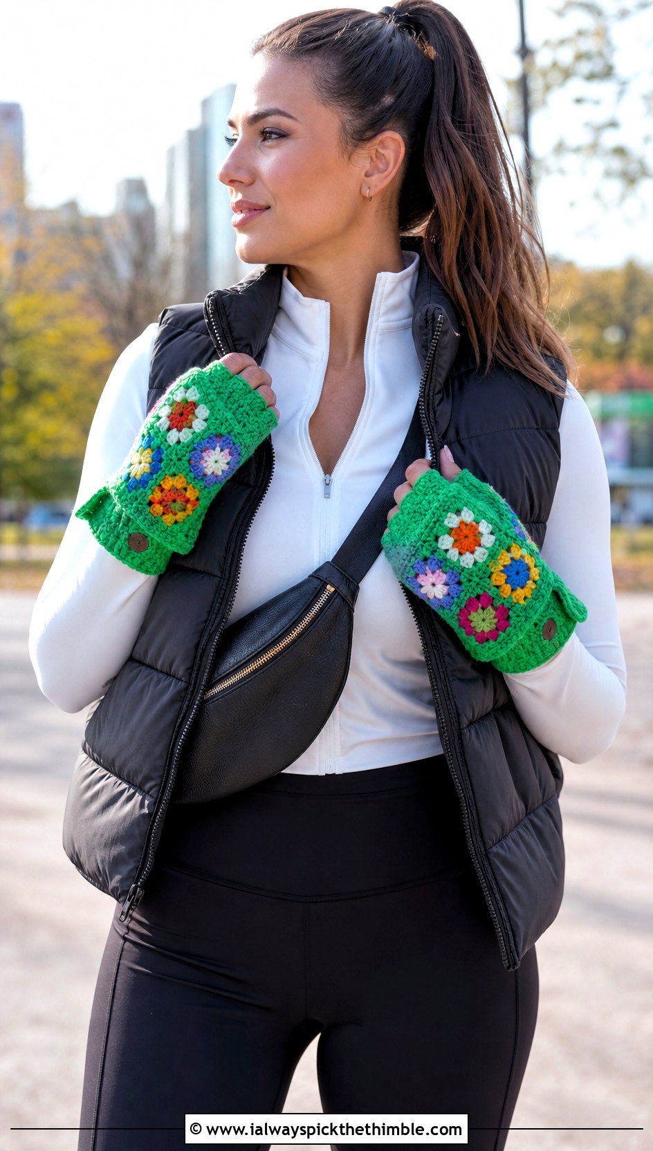 Granny Square Convertible Crochet Mittens With Puffer Vest - 20 Convertible Crochet Fingerless Mittens outfit ideas