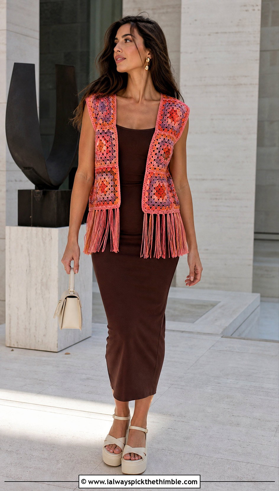 Granny Square Coral Fringe Vest With Column Dress - 15 coral fringe vest in knit crochet boho style outfit ideas