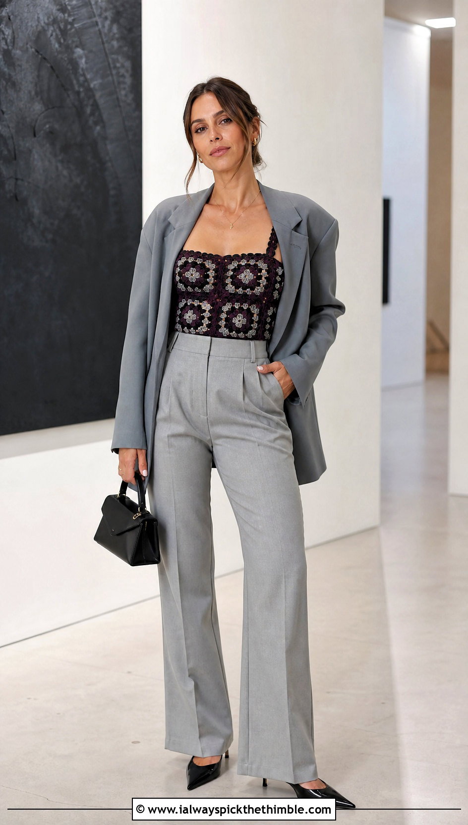 Granny Square Corset Top With Blazer And Trousers - 20 Crochet Granny Square Tops For Women outfit ideas