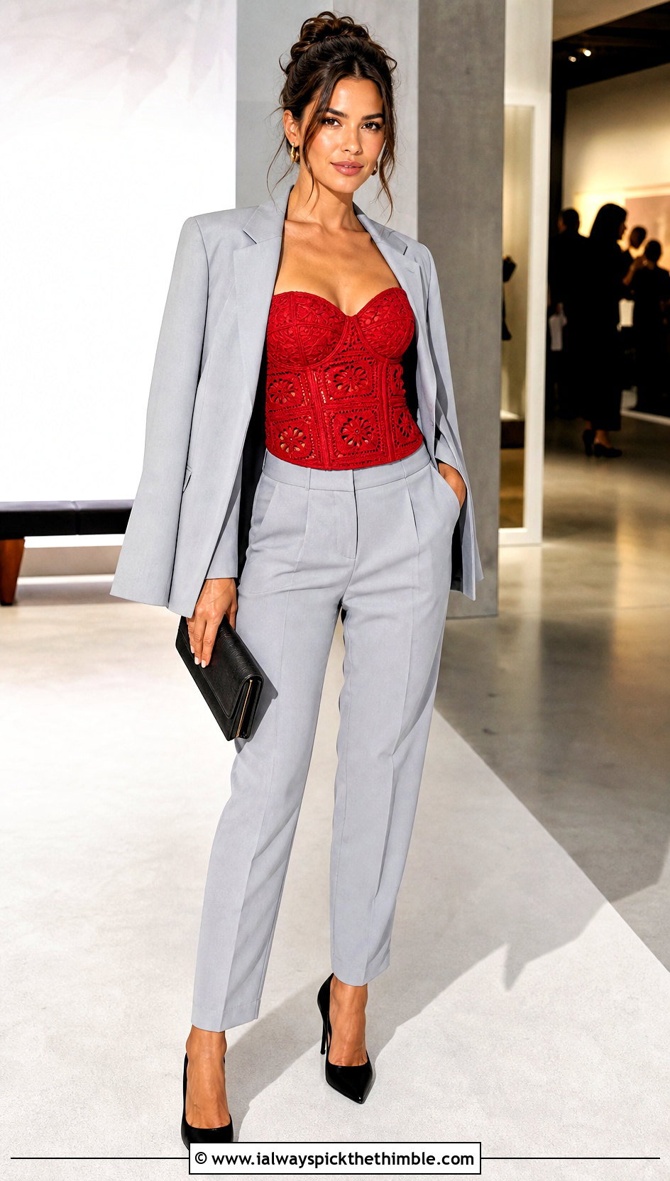 Granny Square Corset Top With Blazer Suit - 20 Square Crochet Top outfit ideas