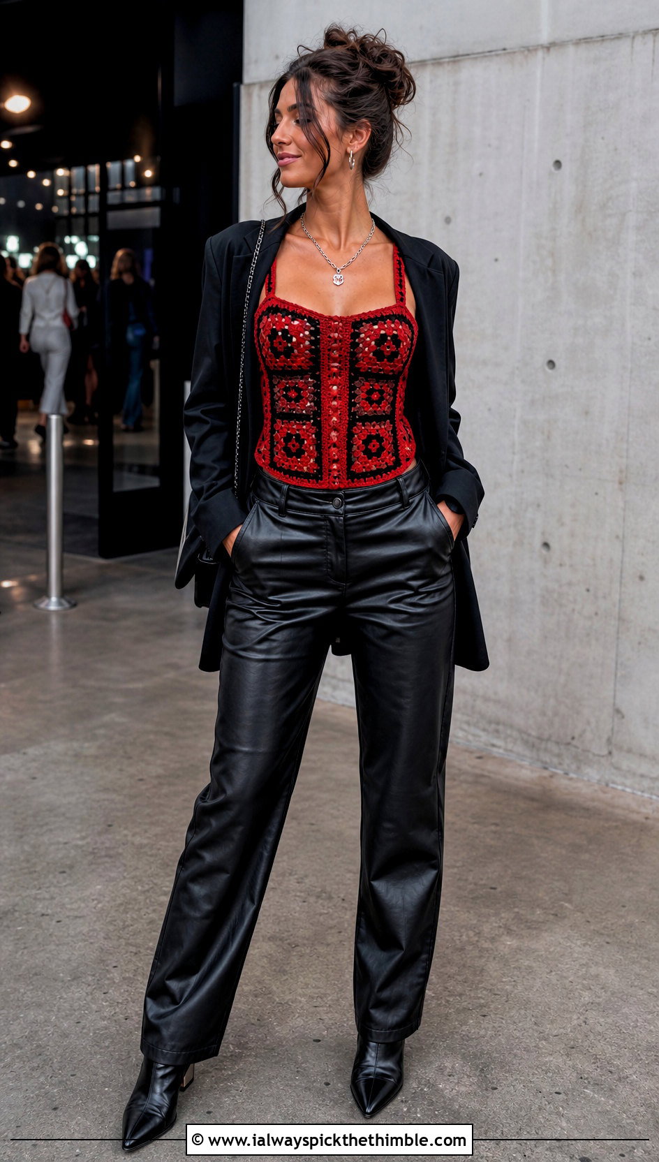 Granny Square Corset Top With Leather Trousers - 25 crochet granny square top outfit ideas