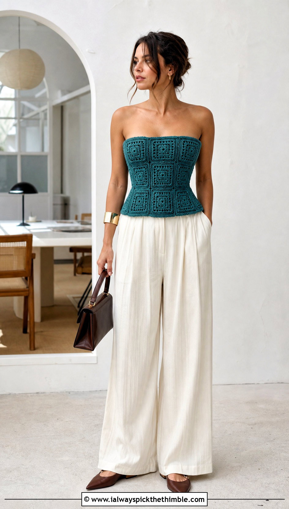 Granny Square Corset Top With Tailored Trousers - 20 crochet granny square summer top outfit ideas