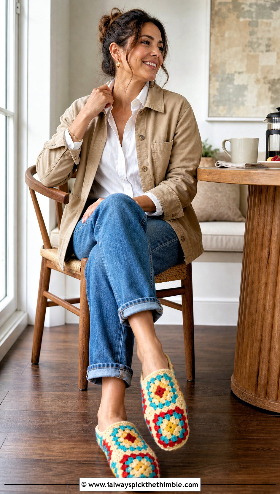 Granny Square Cottage Crochet Slippers With Straight Leg Jeans - 15 cottage crochet slippers outfit ideas