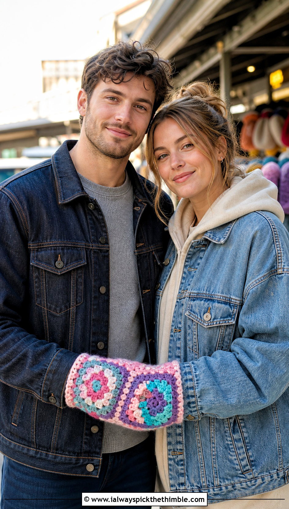 Granny Square Couple Mittens With Denim Jackets - 20 crochet couple mittens outfit ideas
