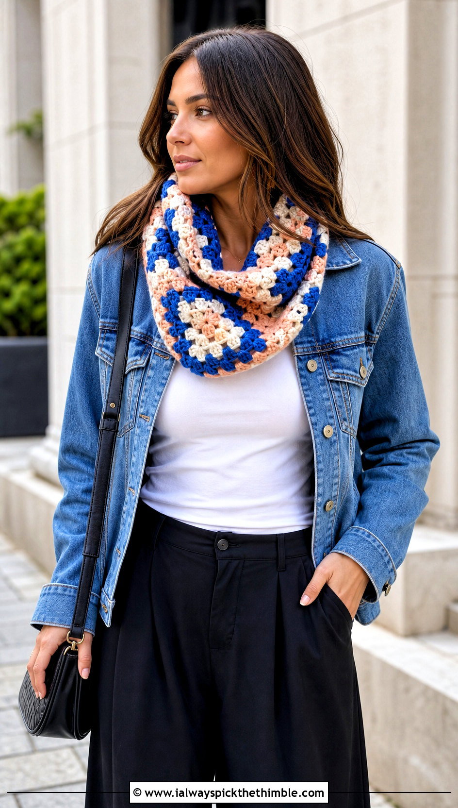 Granny Square Cowl Neck Crochet Scarf With Denim Jacket - 20 Cowl Neck Crochet Scarf outfit ideas