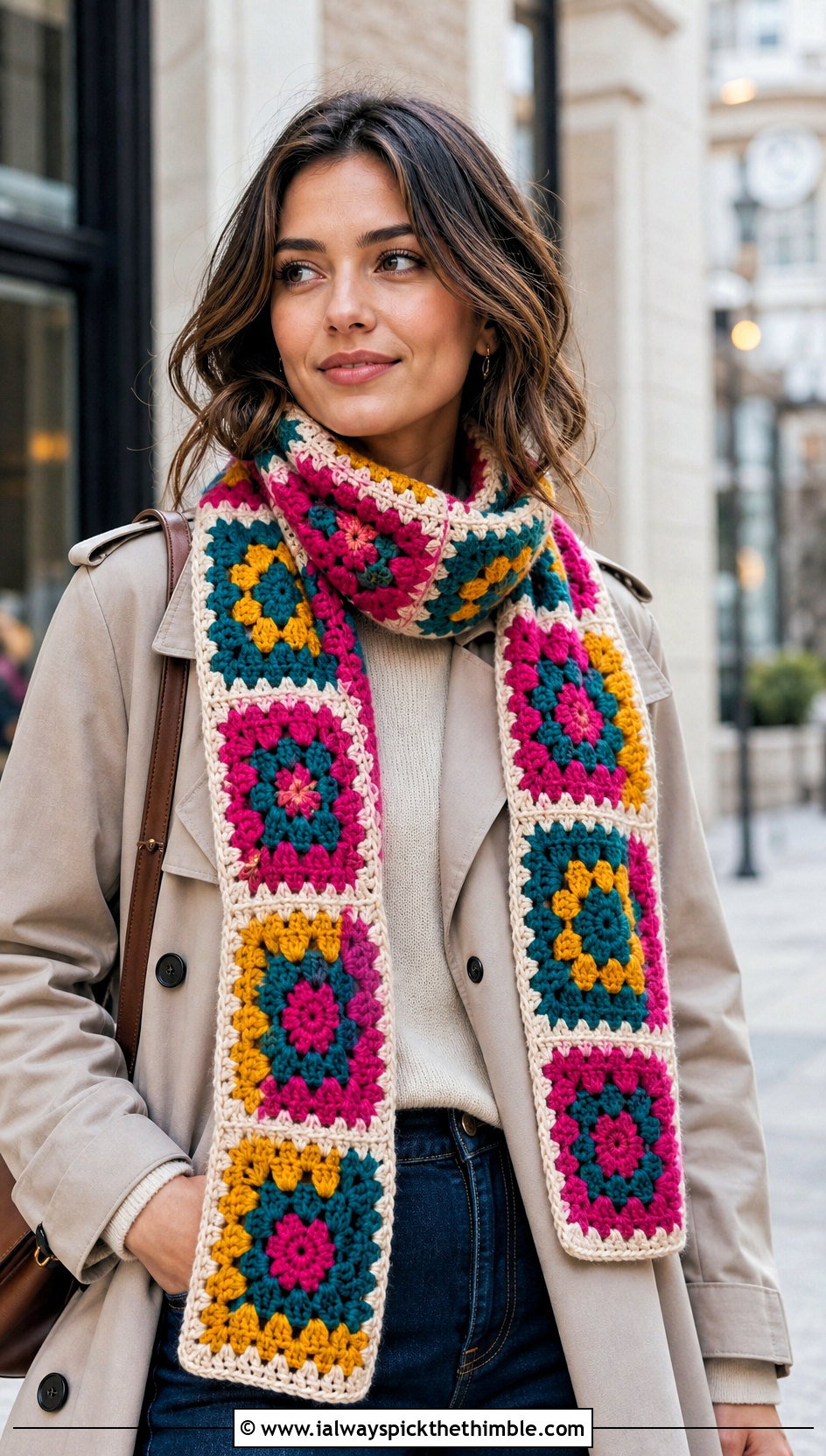 Granny Square Crayon Scarf With Trench Coat - 15 Crochet Crayon Scarf outfit ideas