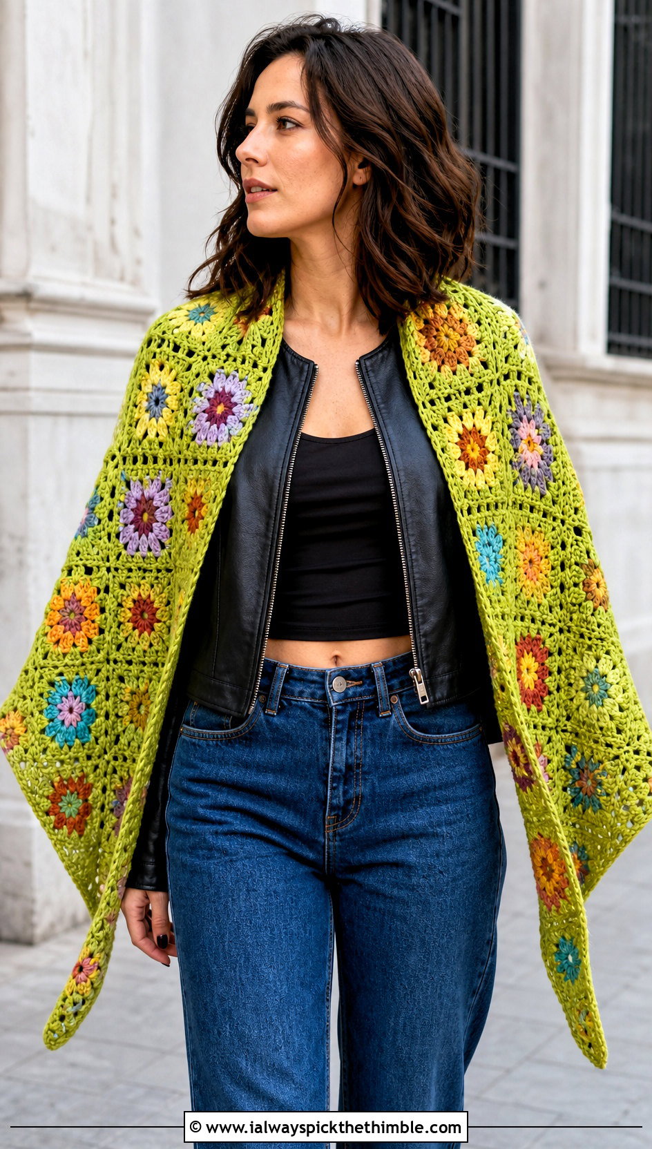 Granny Square Crescent Crochet Shawl With Leather Jacket - 20 Crescent Crochet Shawl outfit ideas