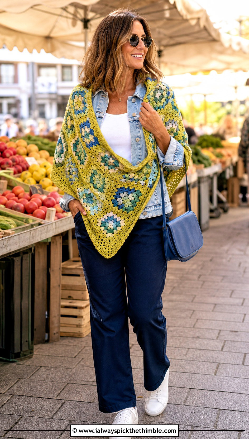 Granny Square Crescent Moon Shawl With Denim Jacket - 15 Crochet Moon Shawl outfit ideas