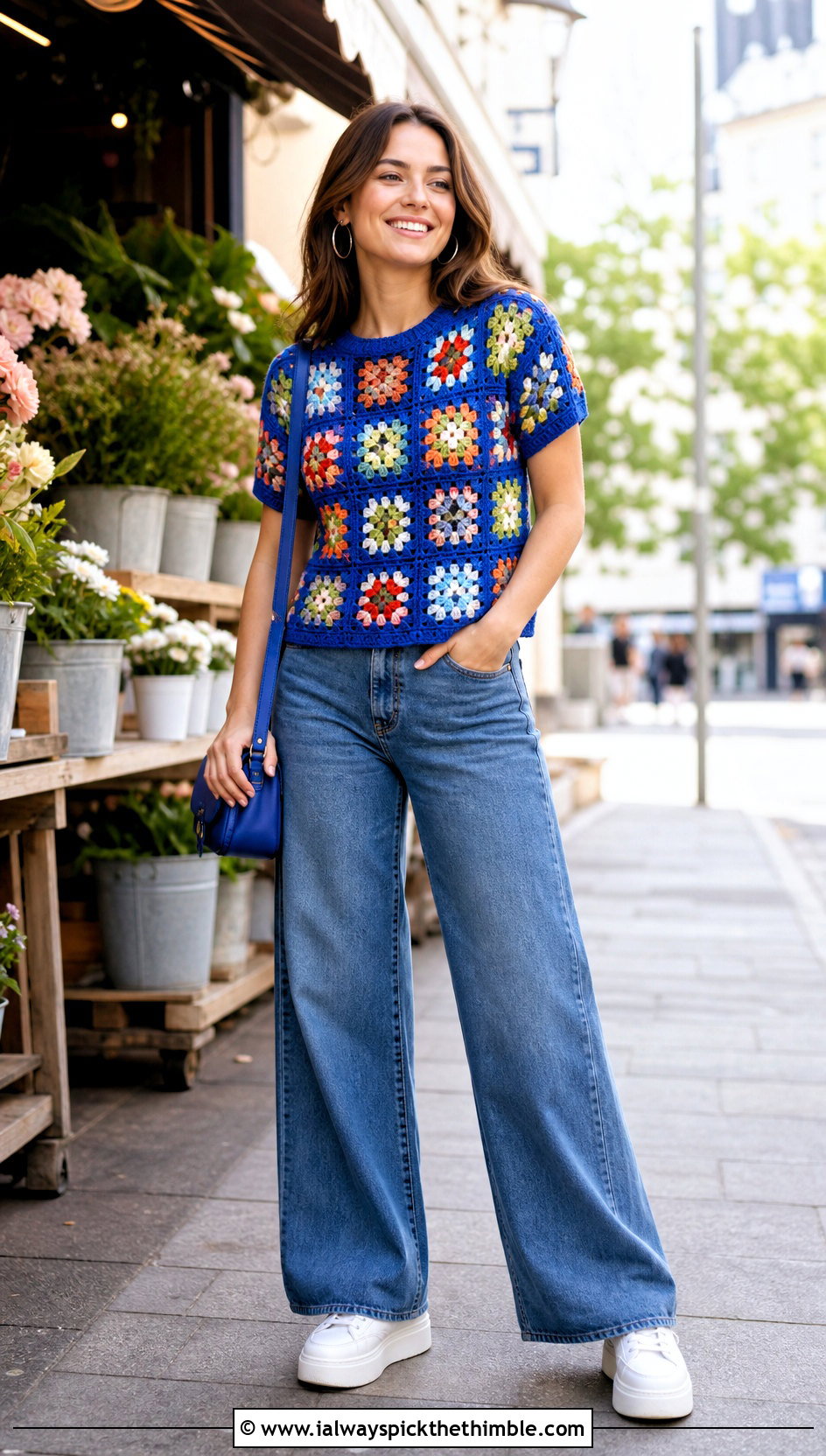Granny Square Crew Neck Crochet Short Sleeve Top With Wide Leg Jeans - 20 crochet short sleeve top outfit ideas