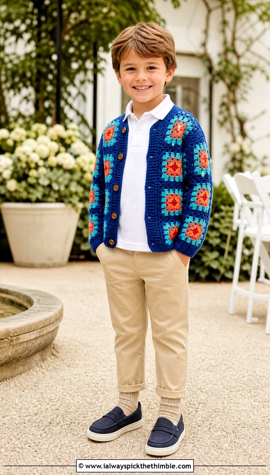 Granny Square Crochet 5T Cardigan With Chinos And Loafers - 15 crochet 5t sweater outfit ideas