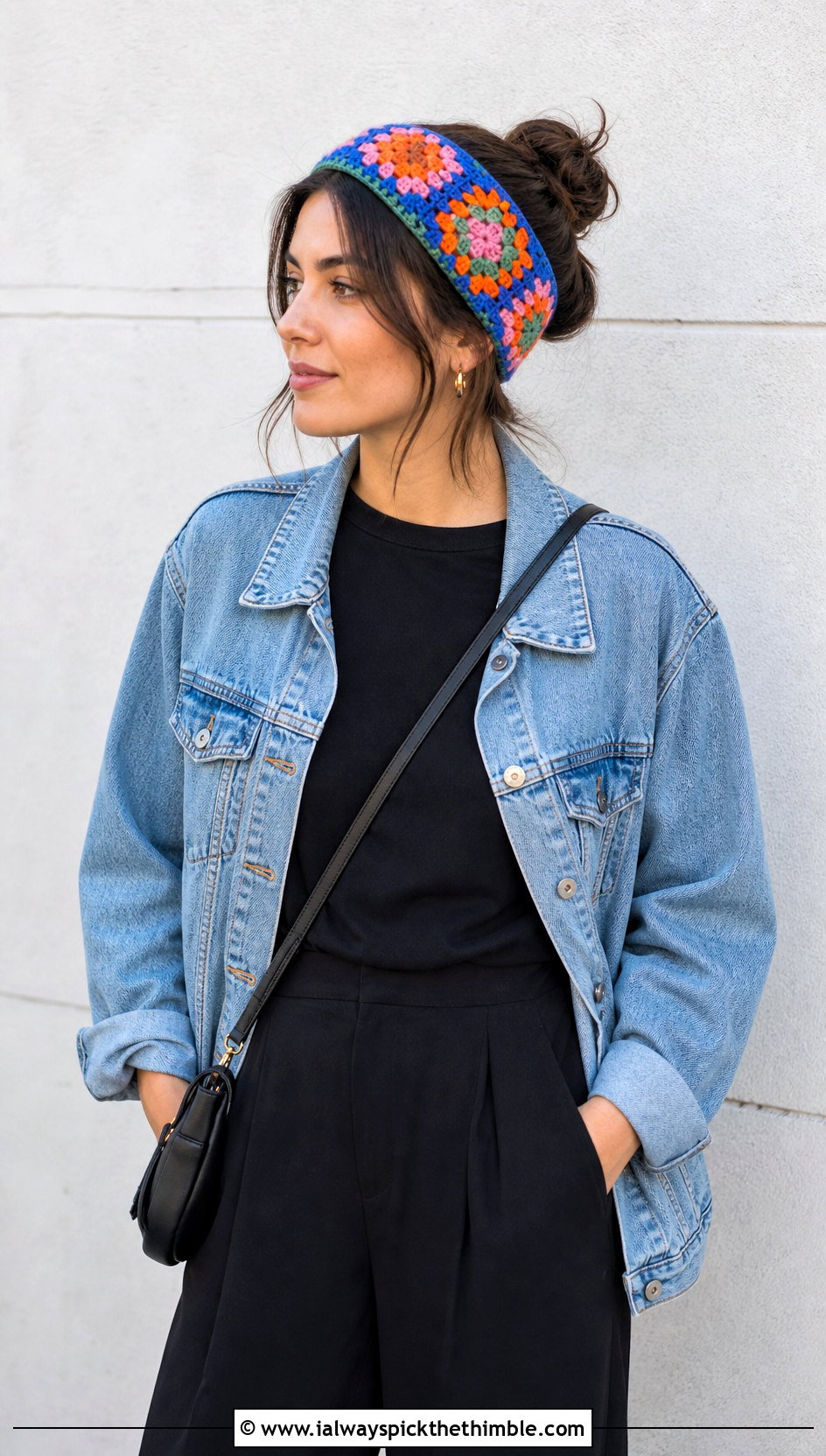 Granny Square Crochet Adjustable Headband With Denim Jacket - 20 Crochet Adjustable Headband outfit ideas