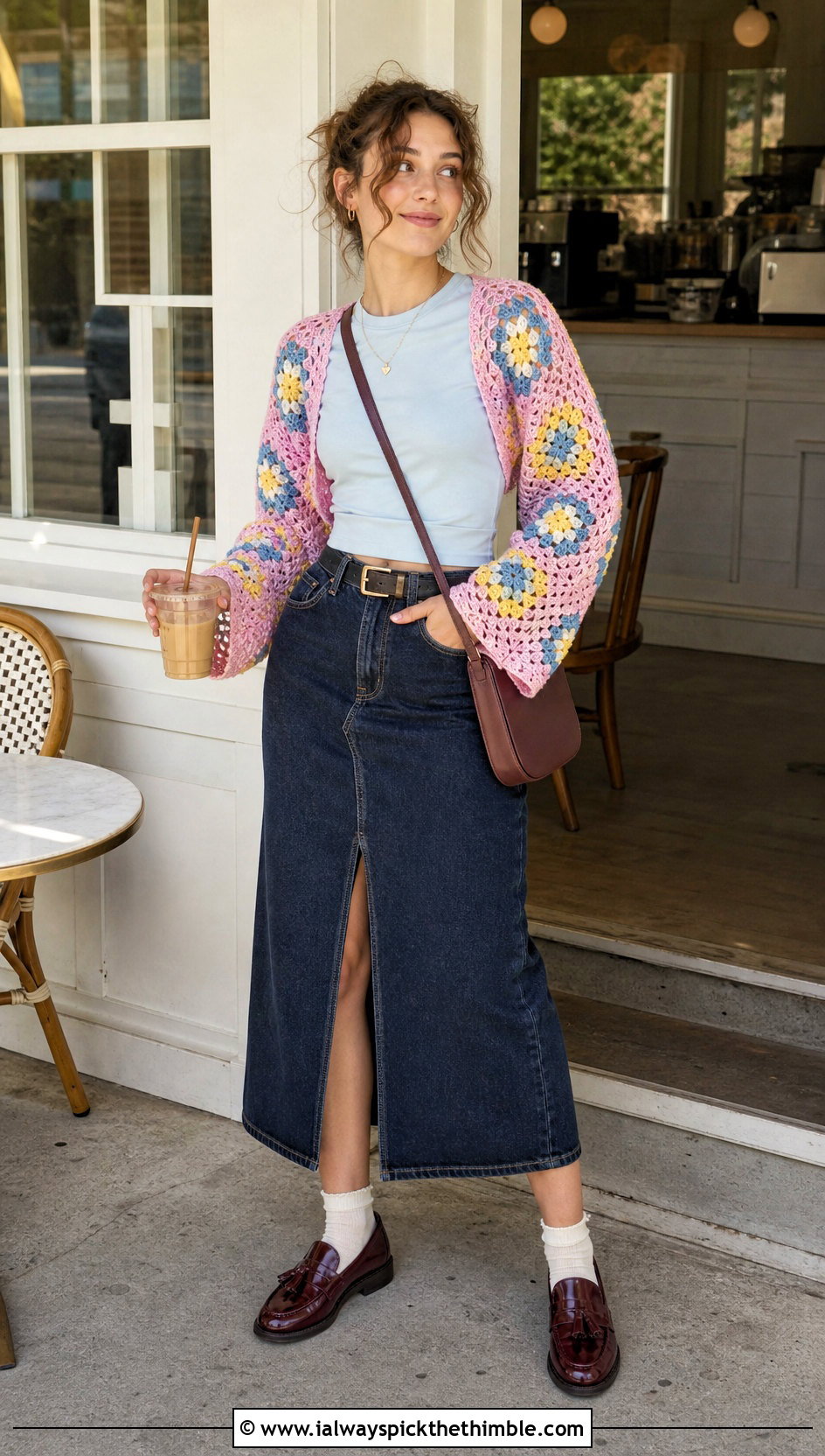 Granny Square Crochet Arm Shrug With Denim Skirt - 20 Crochet Arm Shrug outfit ideas