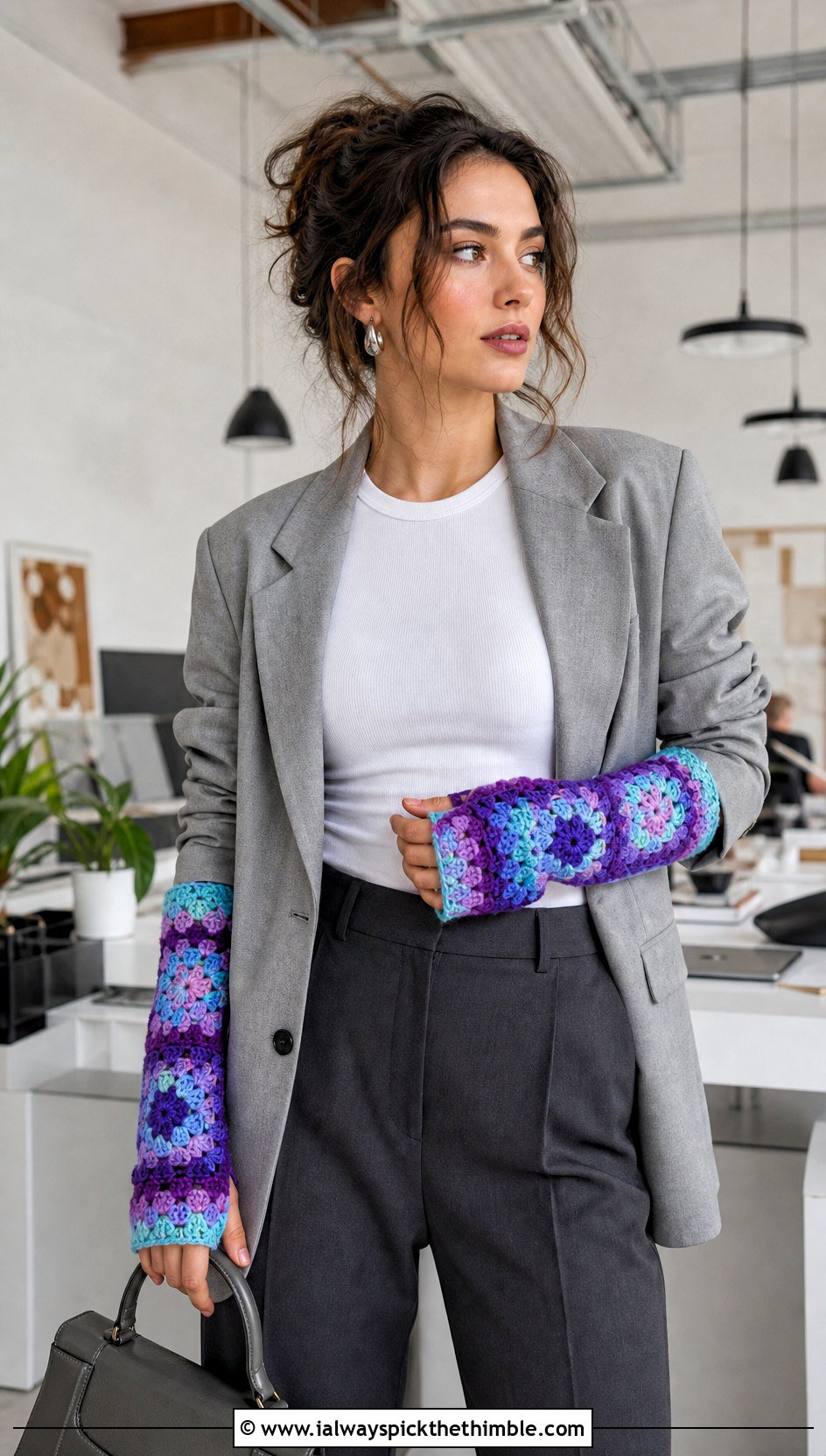 Granny Square Crochet Arm Warmers With Blazer And Trousers - 20 Crochet Arm Warmer outfit ideas
