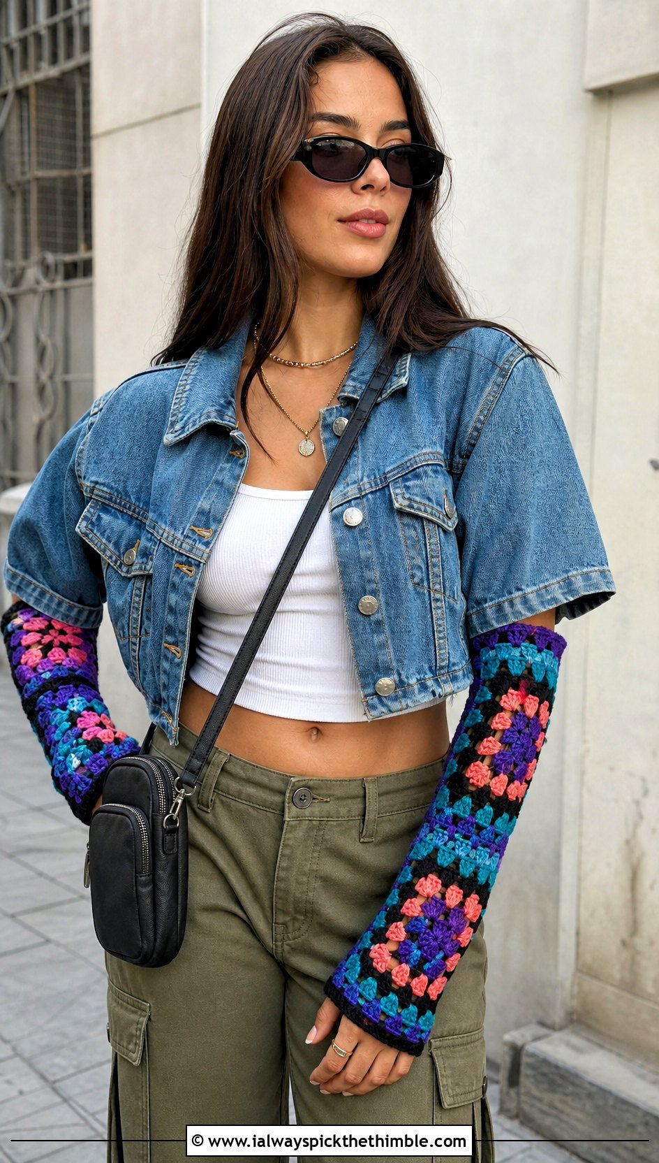 Granny Square Crochet Arm Warmers With Denim Jacket And Cargo Pants - 25 crochet arm warmers outfit ideas