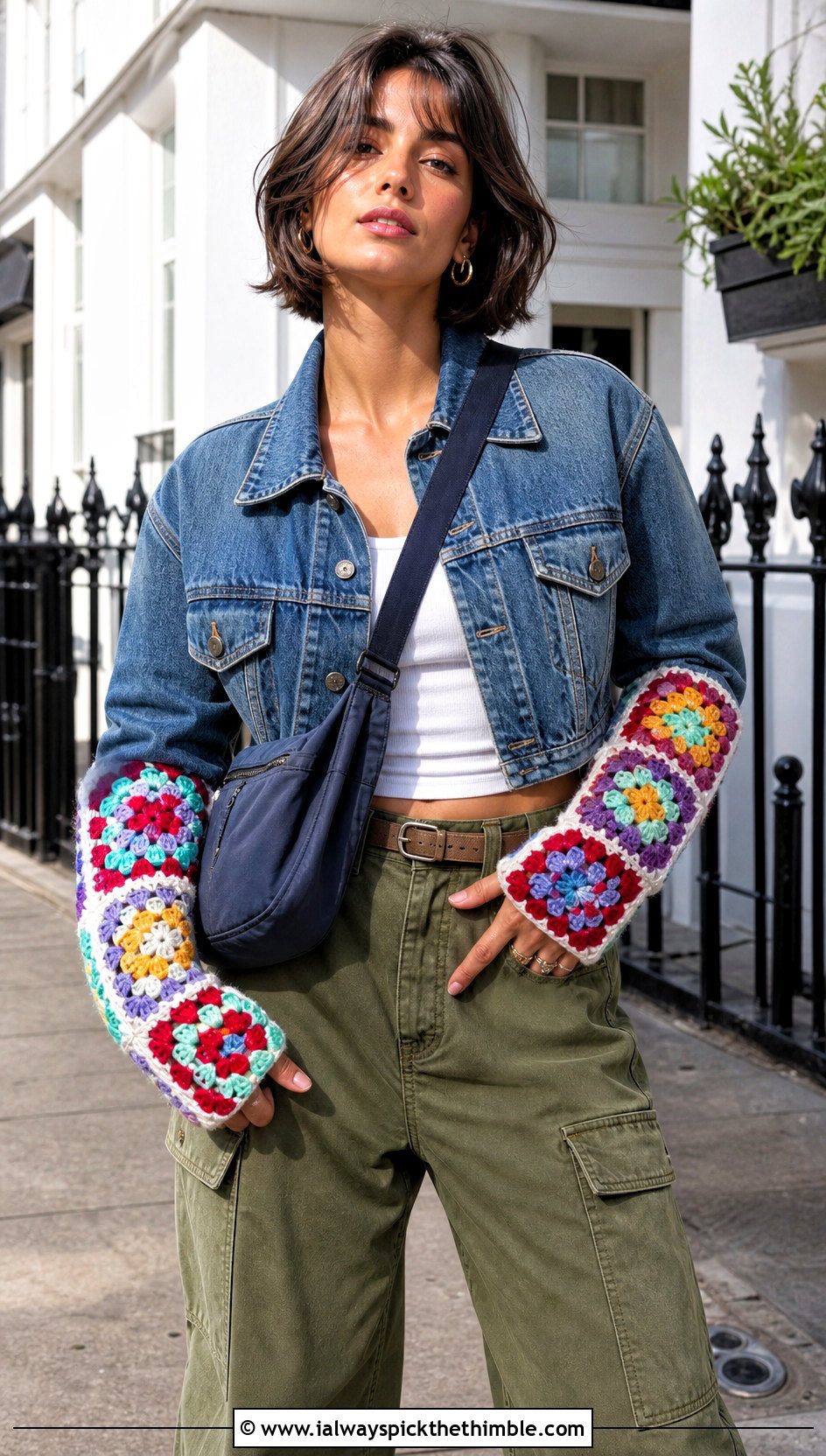 Granny Square Crochet Arm Warmers With Denim Jacket And Cargo Pants - 20 Easy Crochet Arm Warmers outfit ideas
