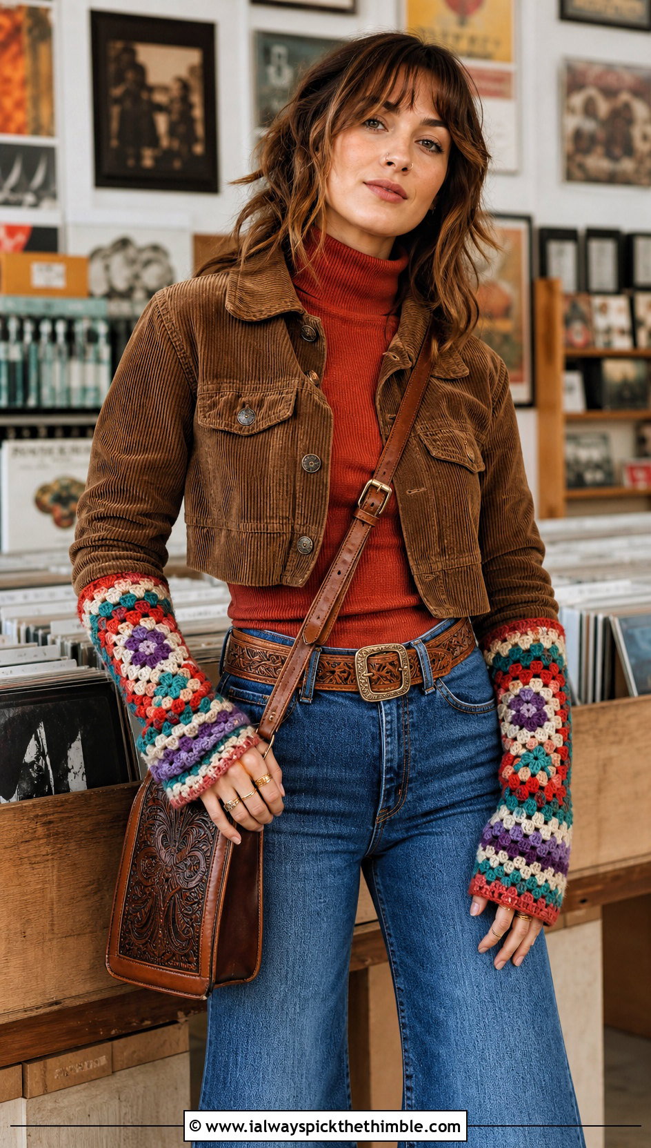Granny Square Crochet Arm Warmers With Flared Jeans - 15 crochet arm warmers vintage-styled outfit ideas