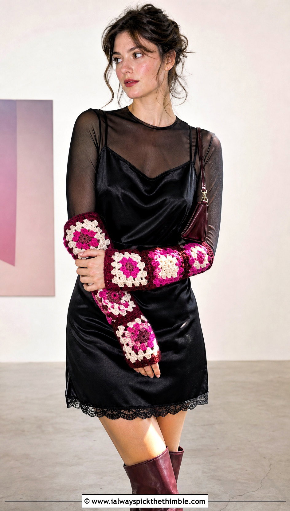 Granny Square Crochet Arm Warmers With Slip Dress And Boots - 20 Crochet Arm Warmers Aesthetic outfit ideas
