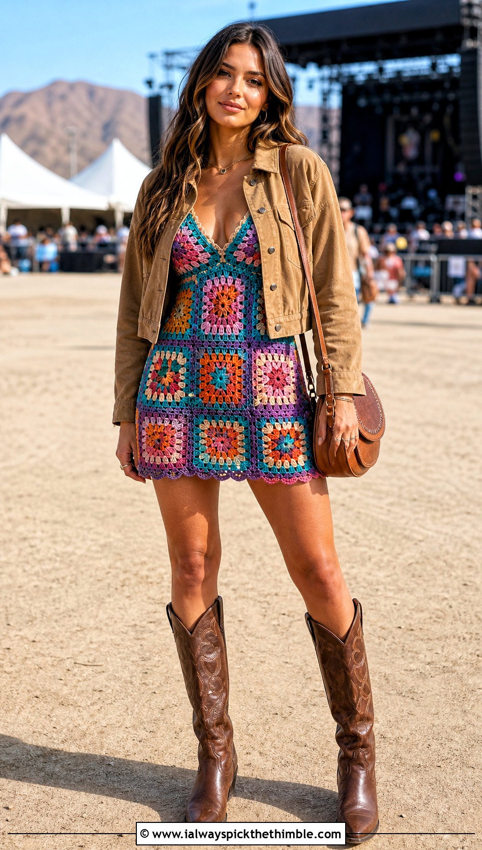 Granny Square Crochet Babydoll Dress With Western Boots - 25 crochet babydoll dress outfit ideas