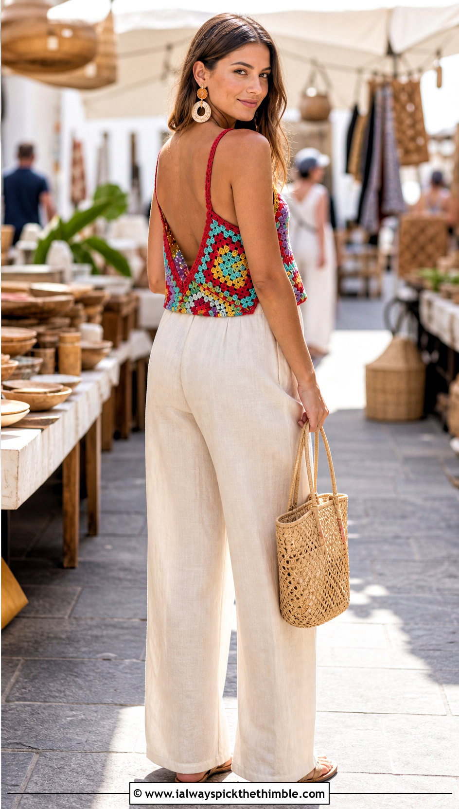 Granny Square Crochet Backless Tank Top With Linen Pants - 20 crochet backless tank top outfit ideas
