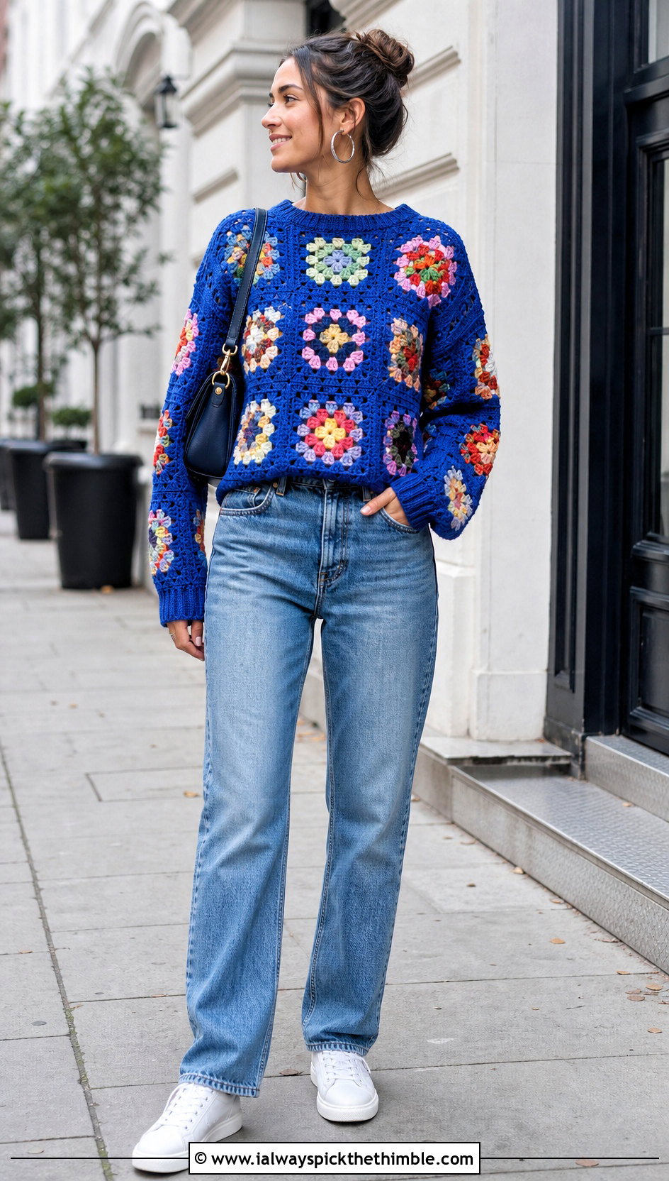Granny Square Crochet Baggy Sweater With Straight Leg Jeans - 20 crochet baggy sweater outfit ideas