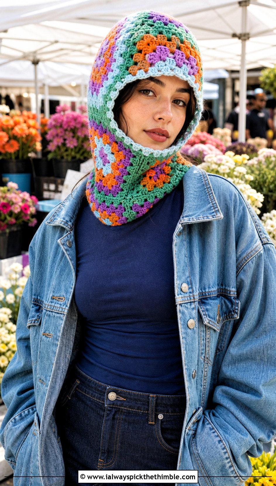 Granny Square Crochet Balaclava Beanie With Denim Jacket - 20 crochet balaclava beanie outfit ideas