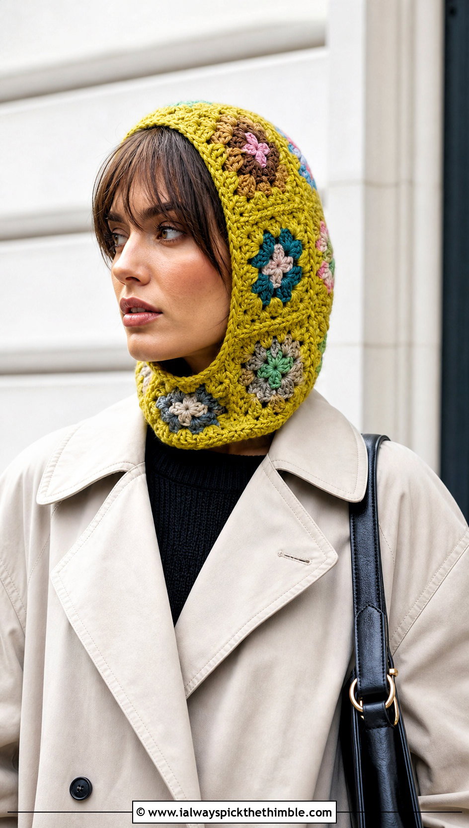 Granny Square Crochet Balaclava Hood With Trench Coat - 25 crochet baclava hat outfit ideas